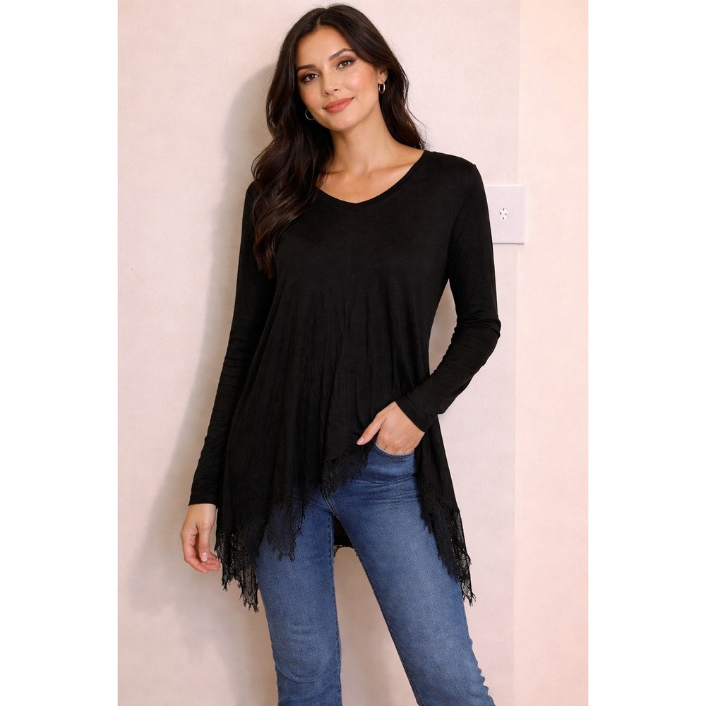 Benjamin Jay Black Lace‎ Trim Sharkbite Hem Tunic Top Sylo Tencel XS/S USA Made